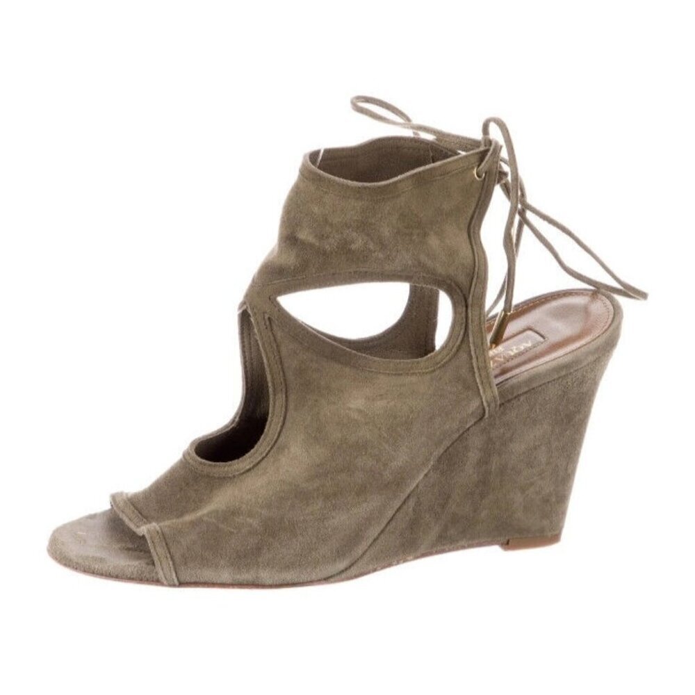 Aquazzura 85mm Sexy Thing Suede Wedge Sandals Olive Truffle Size 37.5